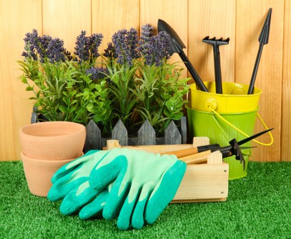 Professional landscaping equipment and safety precautions on site